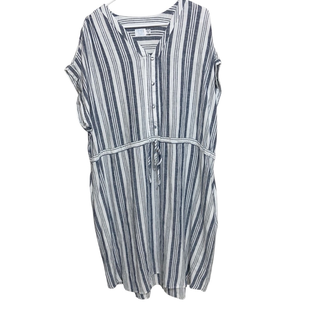 Time & Tru Dress Womens XXXL 22 Striped Linen Blend Pockets Plus Size Coastal